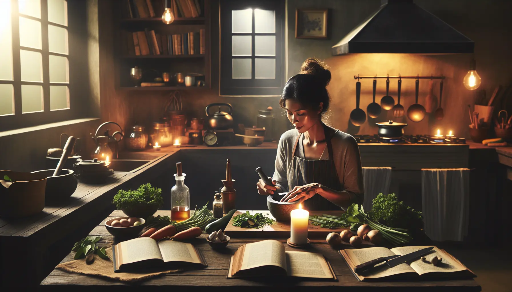 Un cuoco che prepara un piatto tradizionale con ingredienti freschi, immerso in un'atmosfera meditativa.