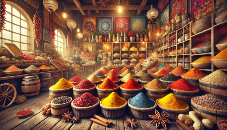 Mercato delle spezie con cumuli colorati di spezie esotiche come curcuma, paprica e anice stellato esposti in cestini e barattoli, ambientazione calda e rustica con decorazioni in legno e luce soffusa che illumina i dettagli.
