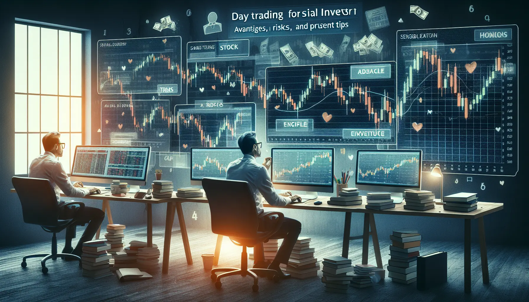 Immagine rappresentativa del day trading, con grafici e monitor di borsa