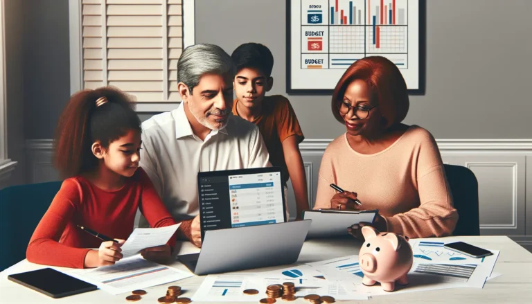 Una famiglia che discute di finanza personale attorno a un tavolo