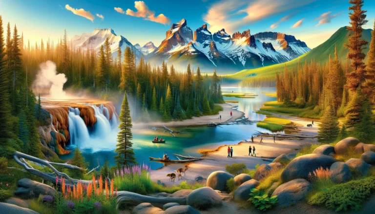 Panorama mozzafiato di un parco nazionale con montagne, laghi e foreste lussureggianti