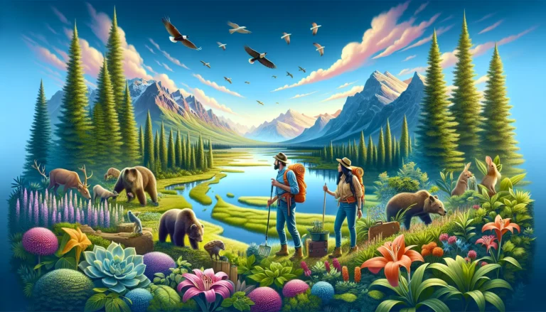 Panorama di un parco nazionale con montagne e laghi turchesi