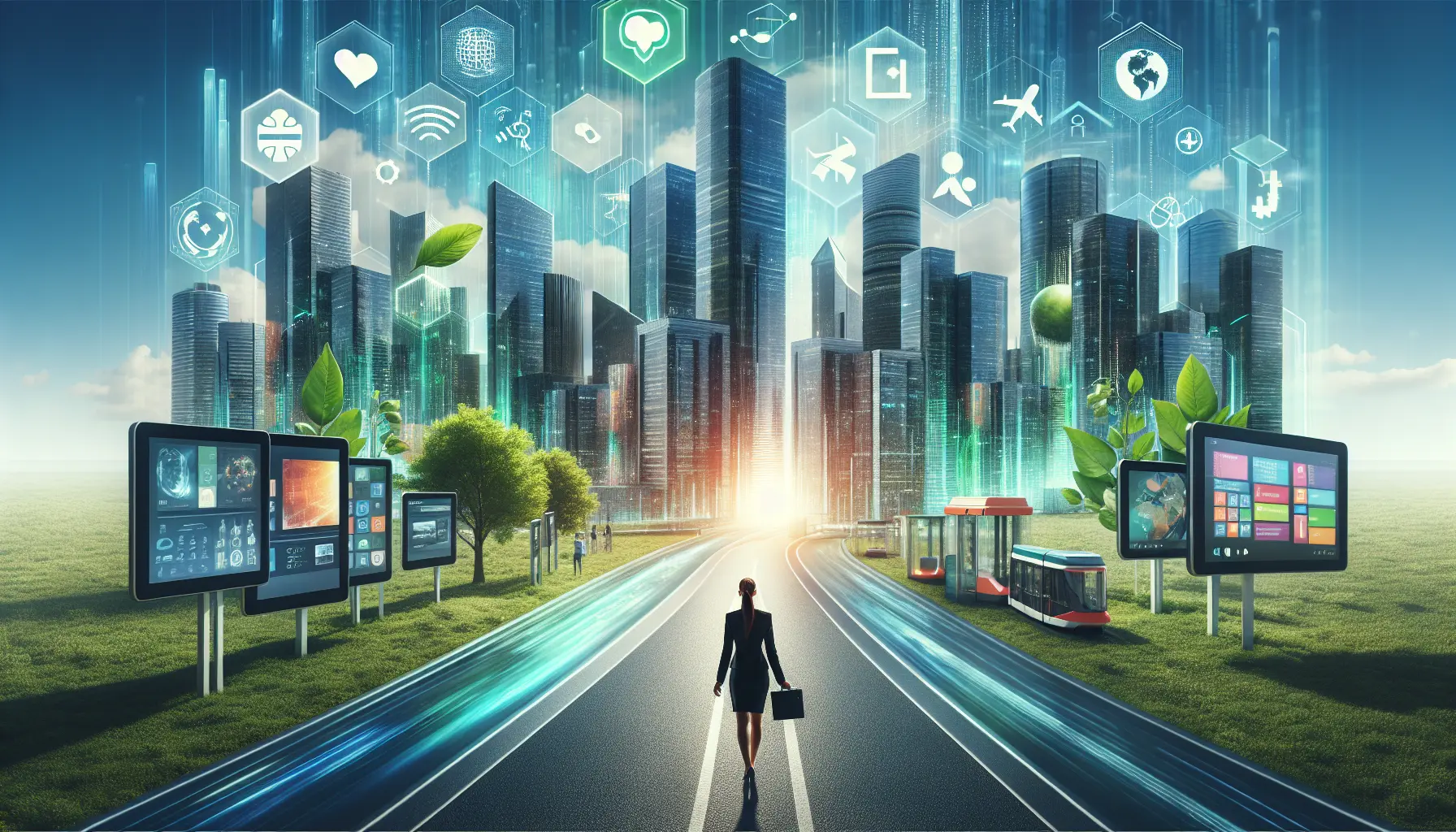 Rappresentazione concettuale di Flaminia Appolloni che lavora su progetti tecnologici innovativi per un futuro migliore.