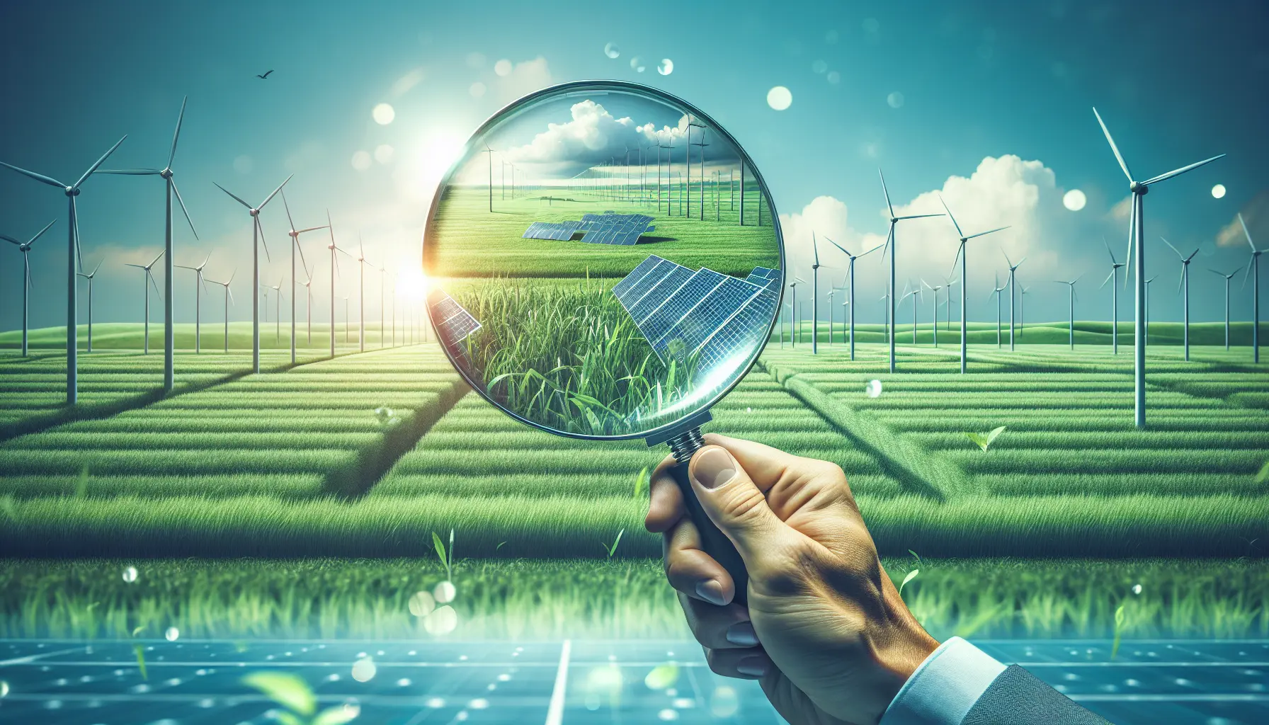 Un'immagine che rappresenta pratiche aziendali sostenibili e energie rinnovabili, con pannelli solari e turbine eoliche in un ambiente naturale.
