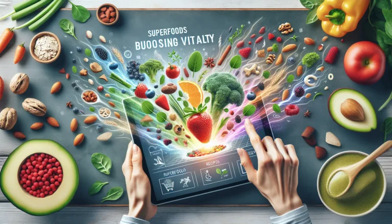 Un assortimento colorato di superfood come spirulina, chia e frammenti di frutta fresca in una ciotola.