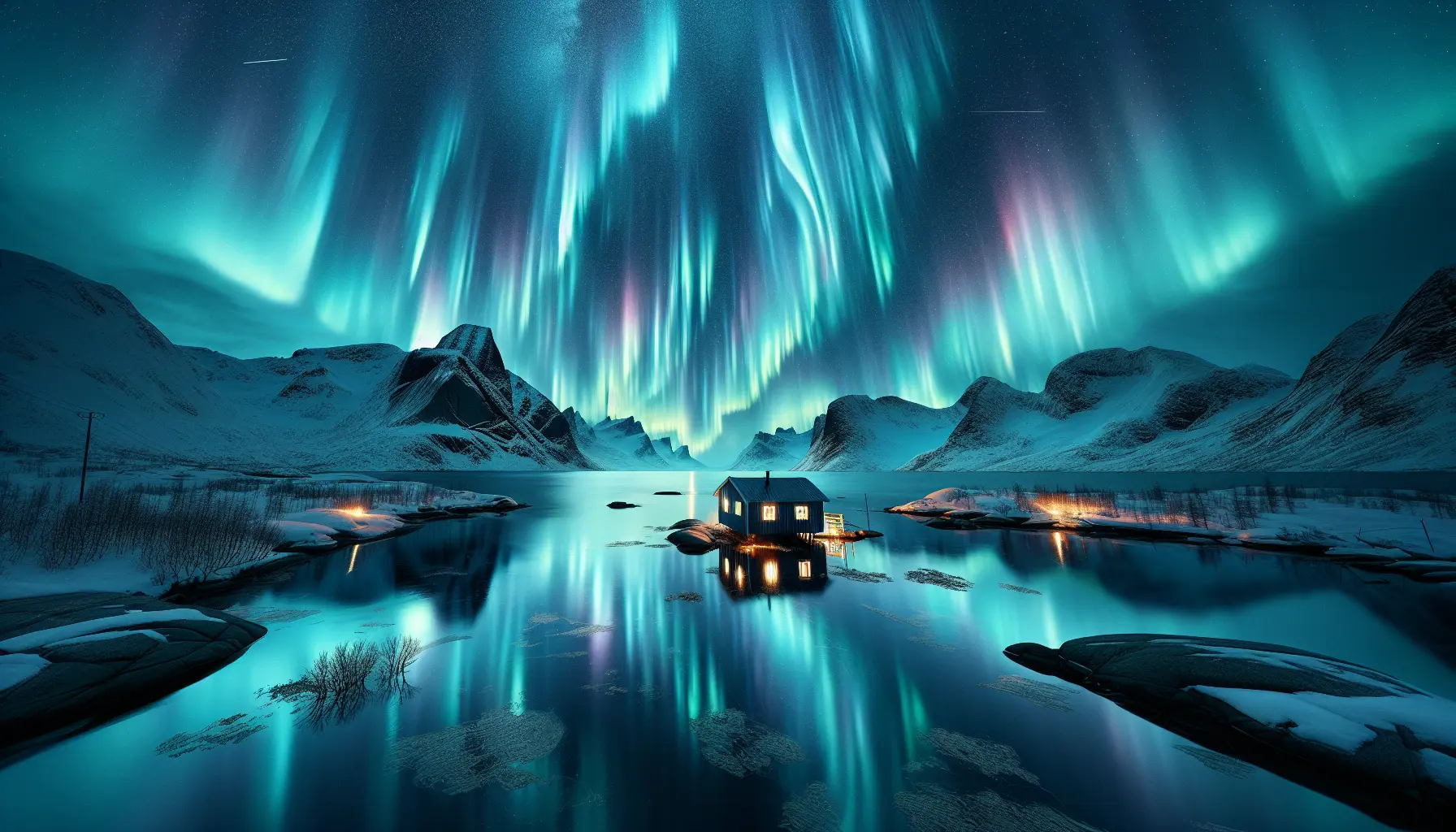 Un cielo notturno illuminato da luci verdi e blu dell'aurora boreale sopra un paesaggio innevato.