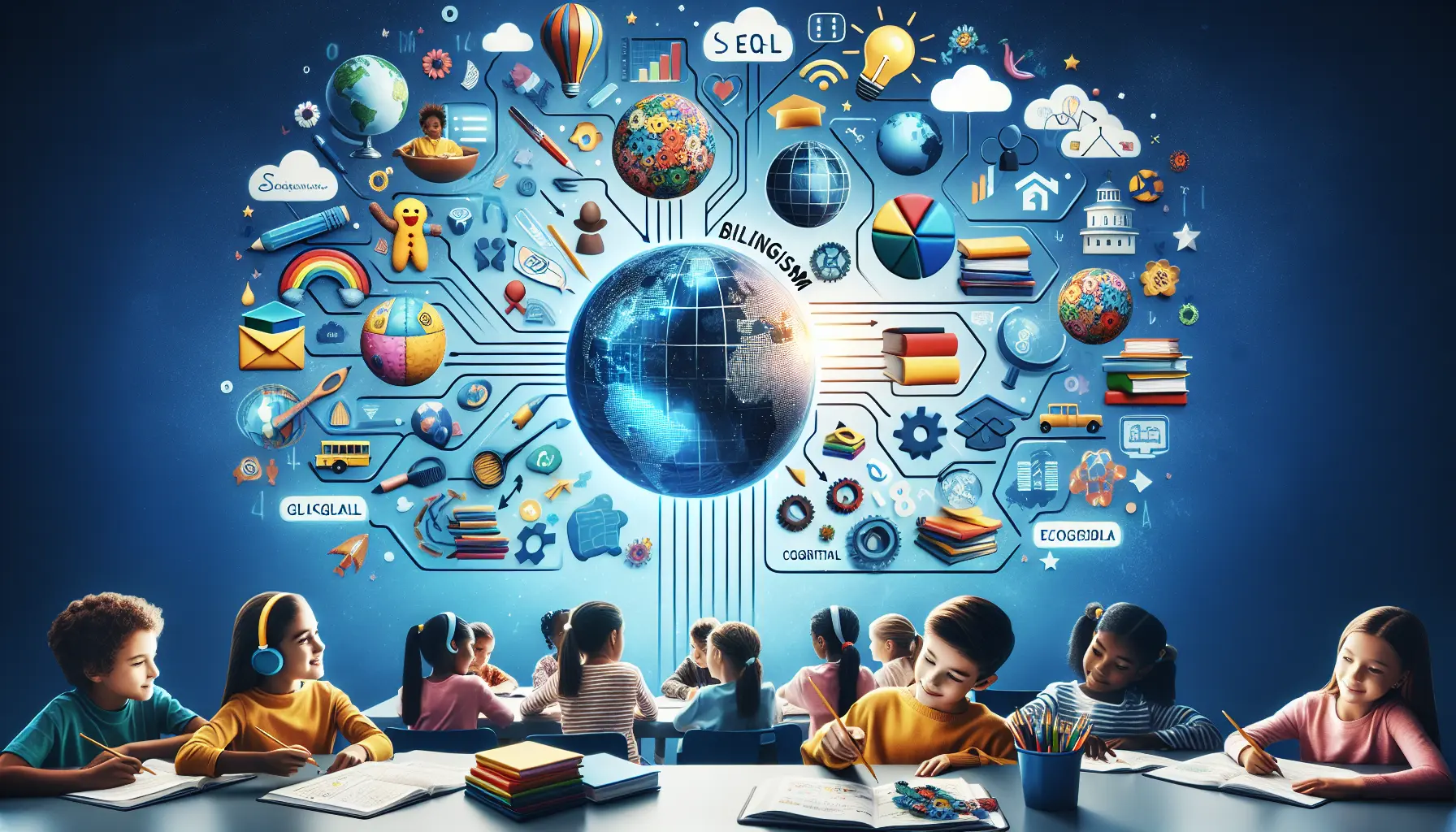 Bambini che interagiscono in un ambiente bilingue, leggendo libri e giocando con giochi educativi.