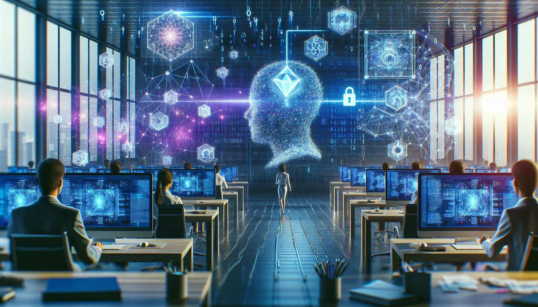 Un ambiente di lavoro futuristico con tecnologie emergenti come intelligenza artificiale e realtà virtuale.