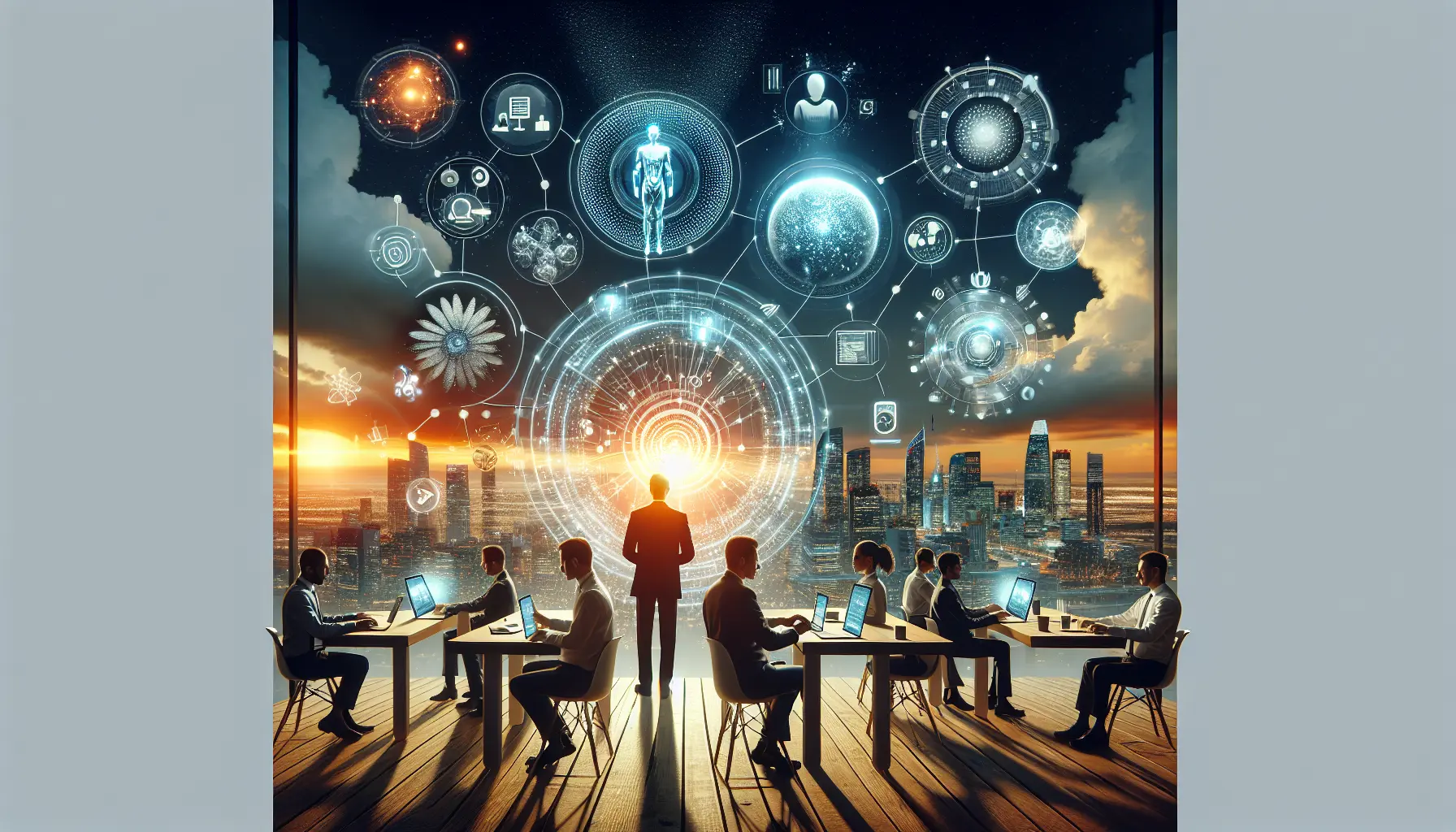 Un gruppo di professionisti che collabora in un ambiente di lavoro virtuale, utilizzando tecnologie emergenti come realtà virtuale e intelligenza artificiale.