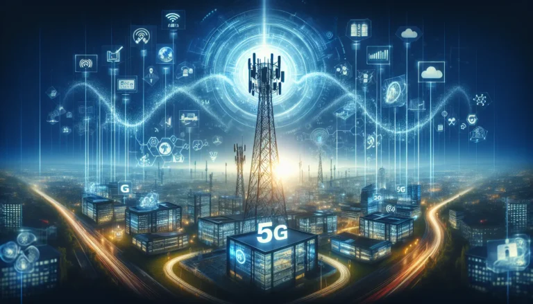 Un'immagine che rappresenta la connessione 5G con dispositivi tecnologici moderni e una rete di comunicazione avanzata.