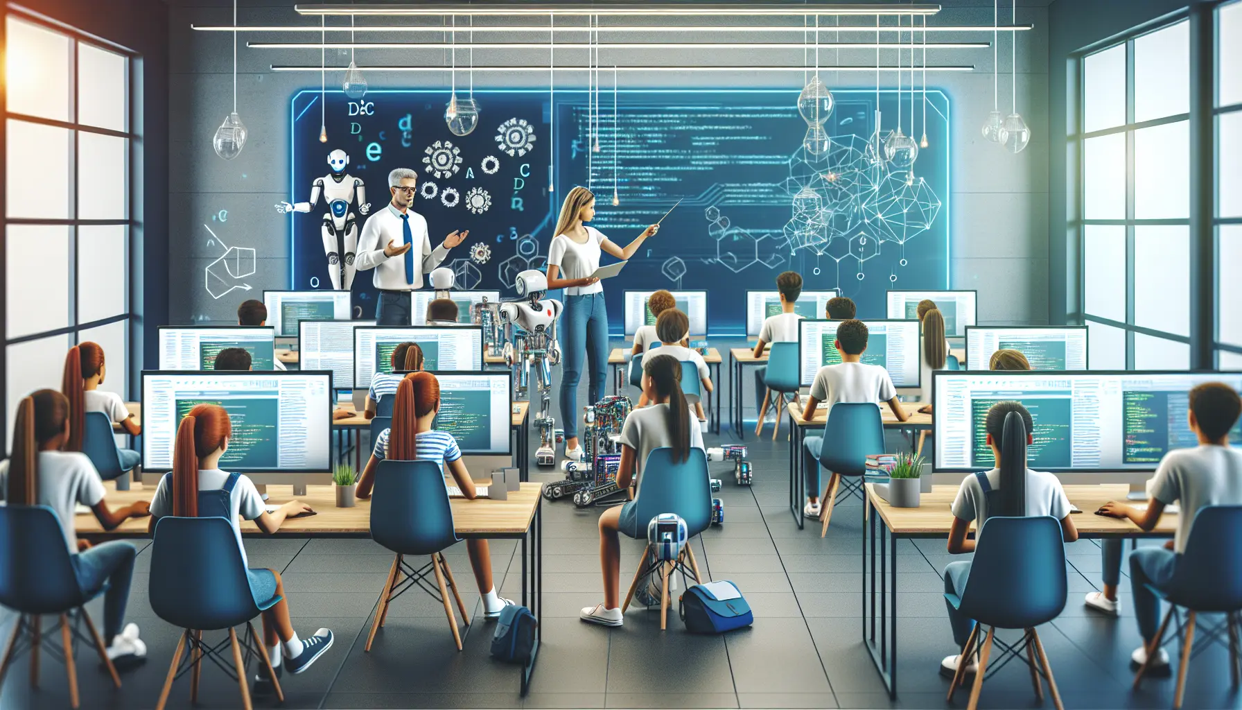 Studenti che apprendono coding e robotica in un'aula moderna