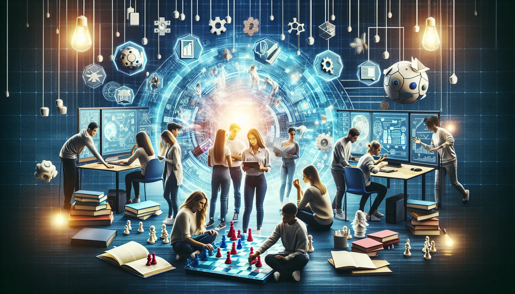 Un gruppo di studenti che gioca a un gioco da tavolo educativo in un ambiente di apprendimento collaborativo.