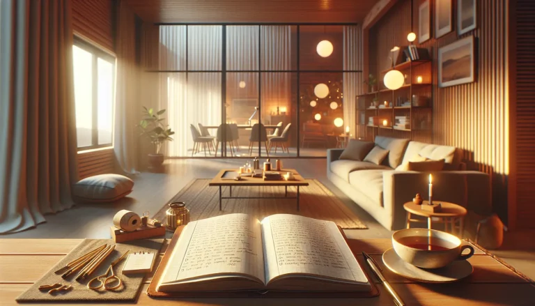 Una persona che scrive in un diario, circondata da un'atmosfera serena e meditativa.