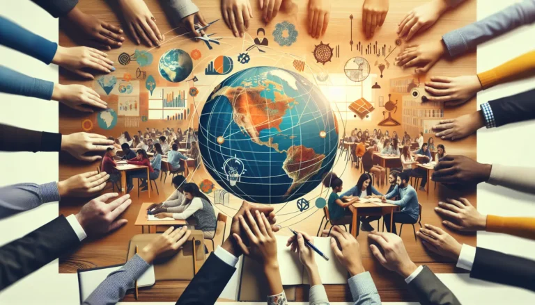 Un gruppo di studenti di diverse provenienze culturali che collaborano in un'aula vivace e colorata, esplorando insieme idee e progetti.