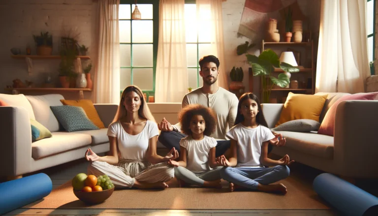 Una famiglia che medita insieme in un ambiente tranquillo, circondata da piante e luce naturale.