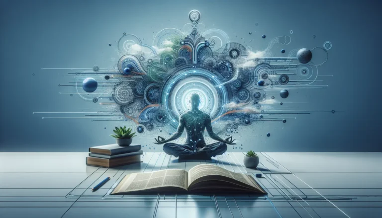 Una persona che medita in un ambiente tranquillo, circondata da natura, simbolo di serenità e concentrazione.