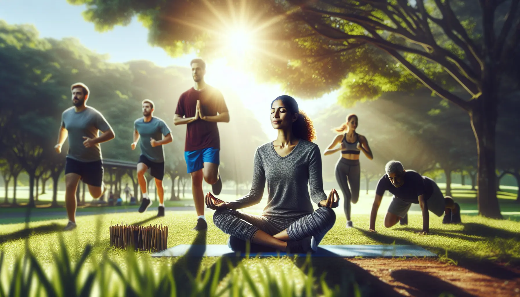 Un atleta che pratica meditazione in un ambiente naturale sereno, simboleggiando la connessione tra positività e rilassamento.