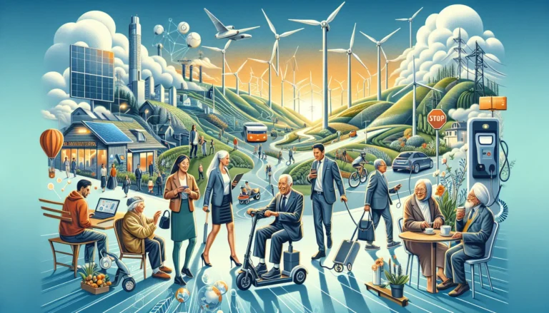 Un gruppo di persone di diverse età e background che utilizza tecnologie digitali per discutere idee innovative.