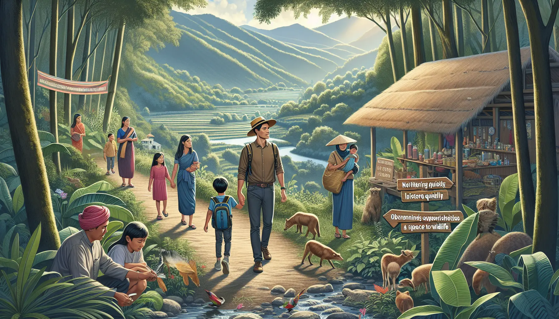 Una famiglia che esplora un sentiero naturale, circondata da alberi e natura, simbolo di turismo sostenibile.