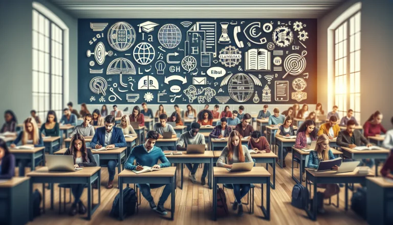 Studente che studia per una certificazione linguistica con libri e computer