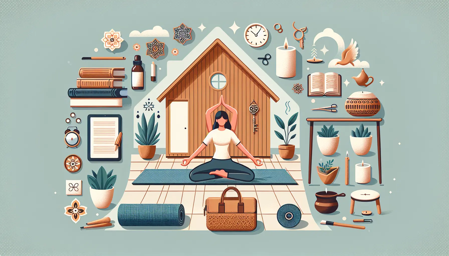 Una persona che pratica yoga in un ambiente tranquillo e meditativo, circondata da elementi naturali.