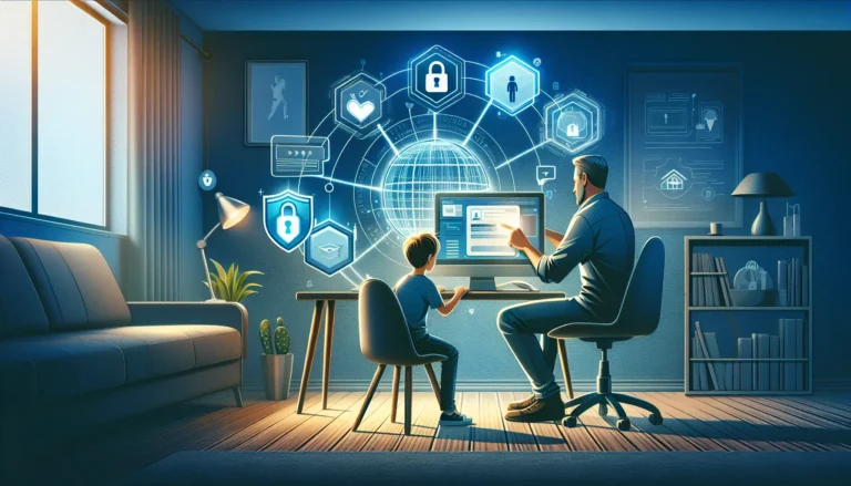 Un genitore che conversa con un bambino su come navigare in sicurezza su internet, circondato da dispositivi tecnologici.