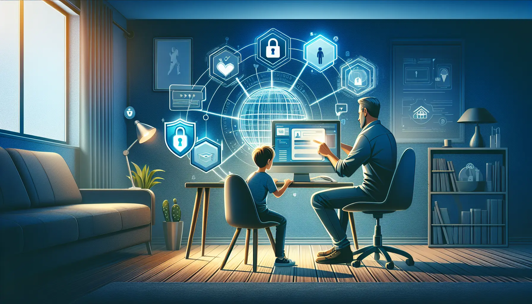 Un genitore che conversa con un bambino su come navigare in sicurezza su internet, circondato da dispositivi tecnologici.