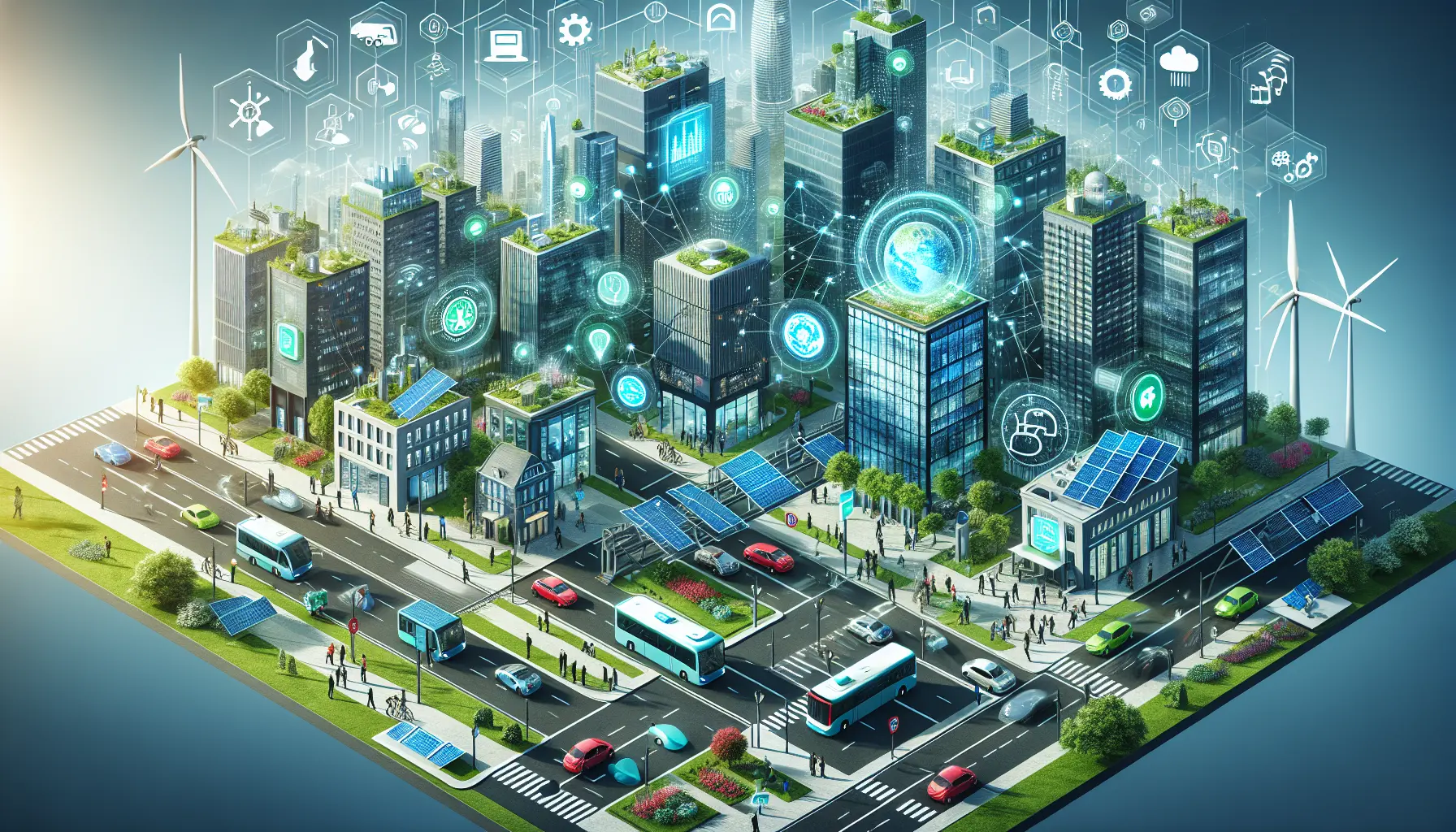 Vista panoramica di una smart city con edifici moderni e infrastrutture sostenibili