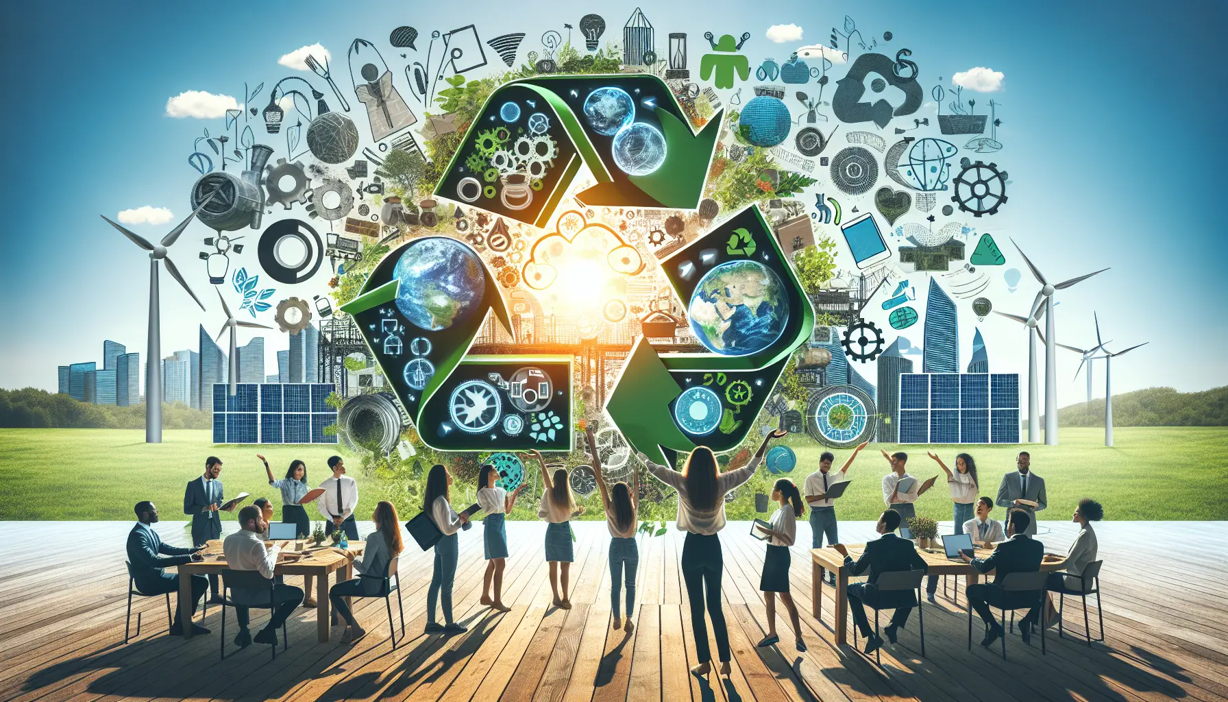 Un team di giovani attivisti discute strategie per un futuro sostenibile in un ambiente urbano, circondato da piante e tecnologie verdi.