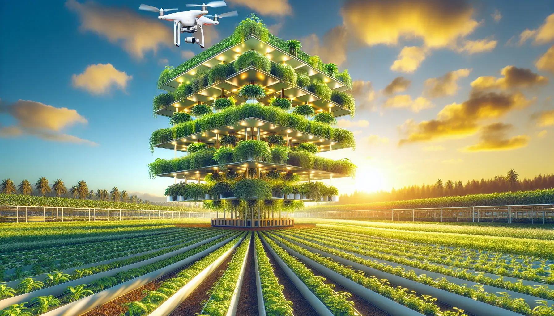 Immagine di un'azienda agricola verticale con droni che monitorano le coltivazioni