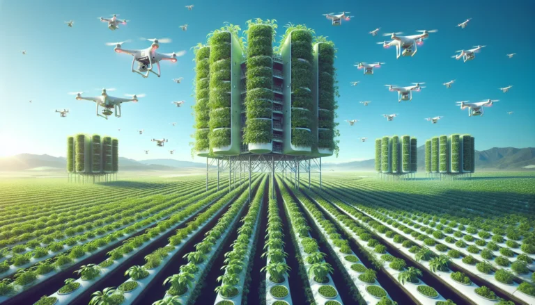 Immagine di una fattoria verticale con droni che monitorano le coltivazioni