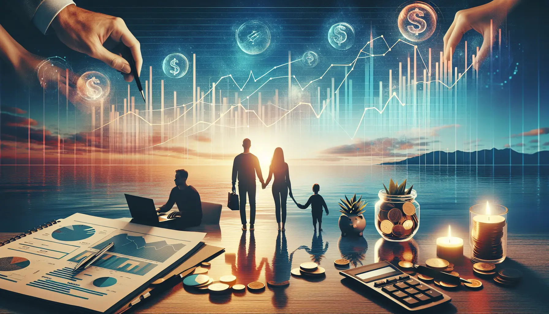 Una famiglia felice che discute di finanze e piani di risparmio insieme a un tavolo.