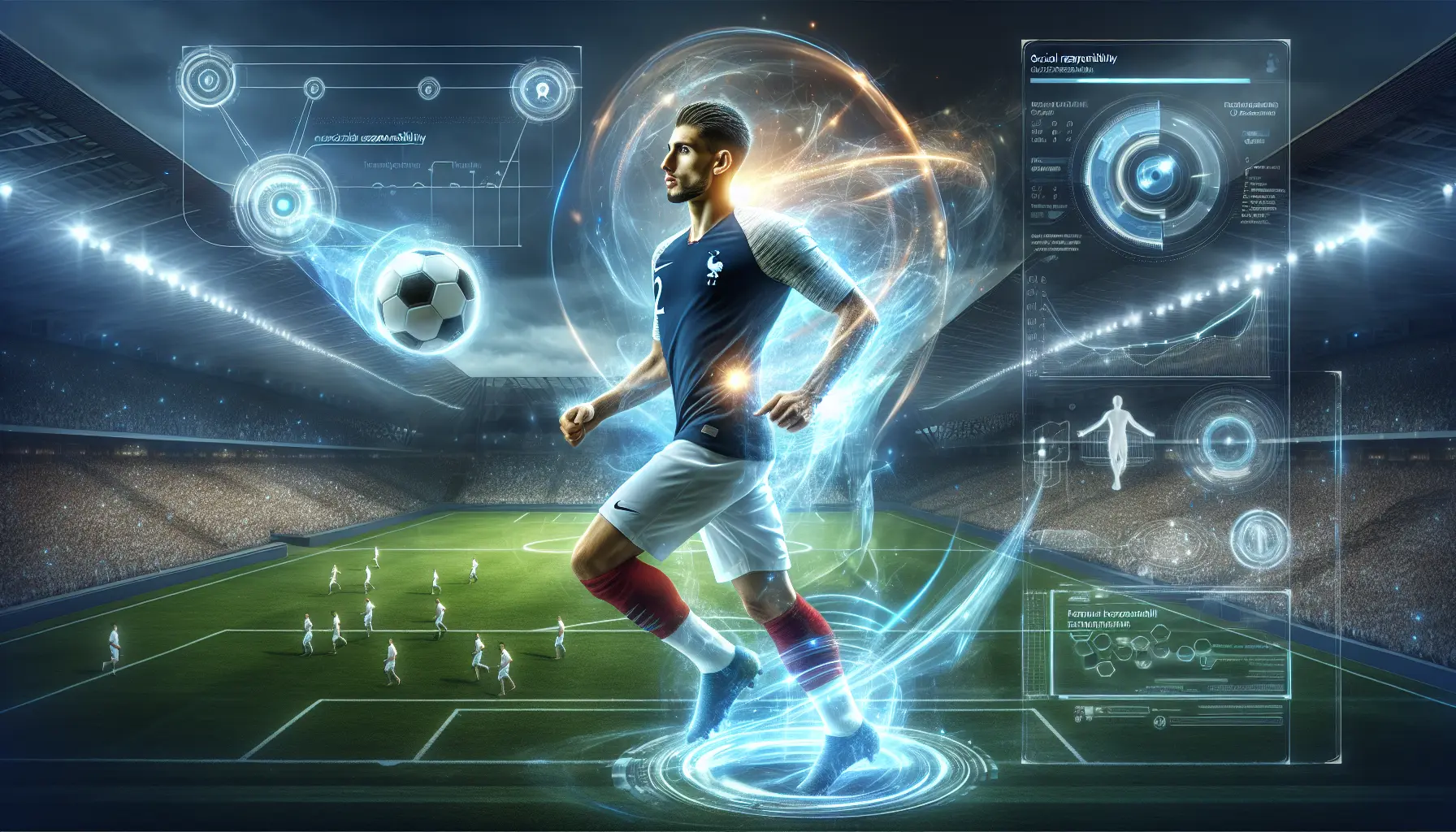 Kylian Mbappé in azione durante una partita, esprimendo il dinamismo e la velocità del suo gioco, simbolo di innovazione nel calcio moderno.