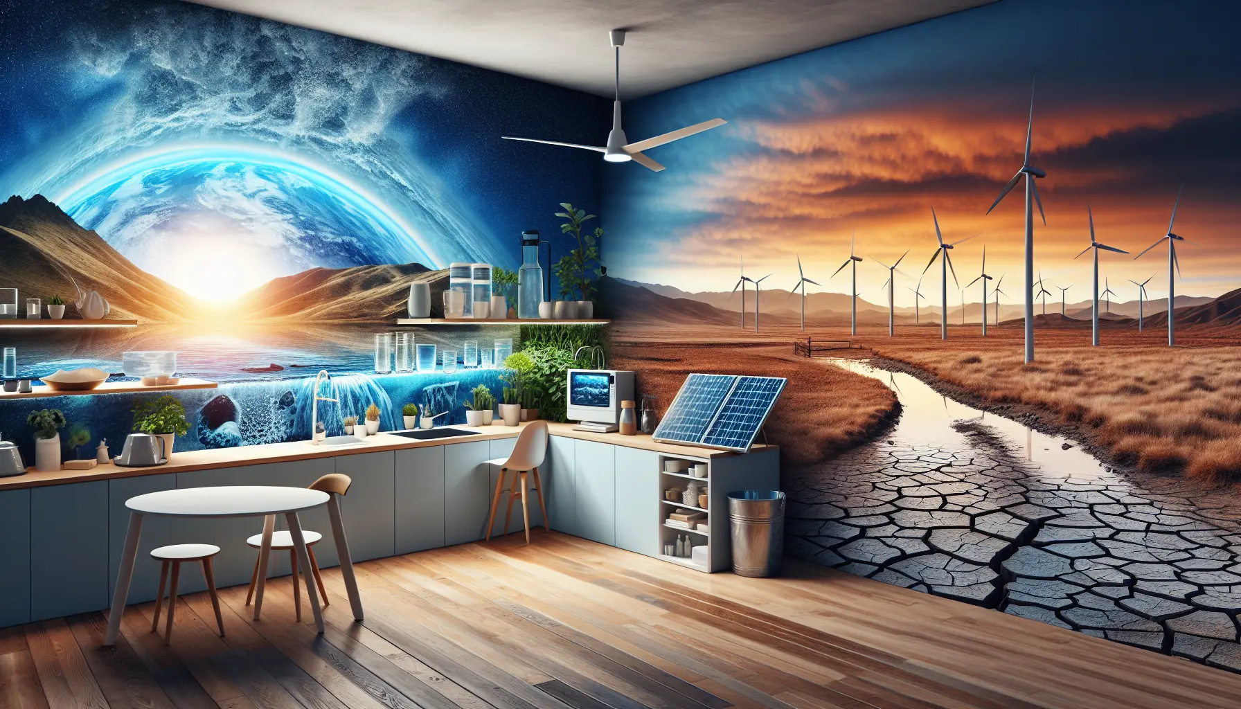 Immagine che rappresenta la conservazione dell'acqua potabile in un contesto domestico, con rubinetti e dispositivi a risparmio idrico.