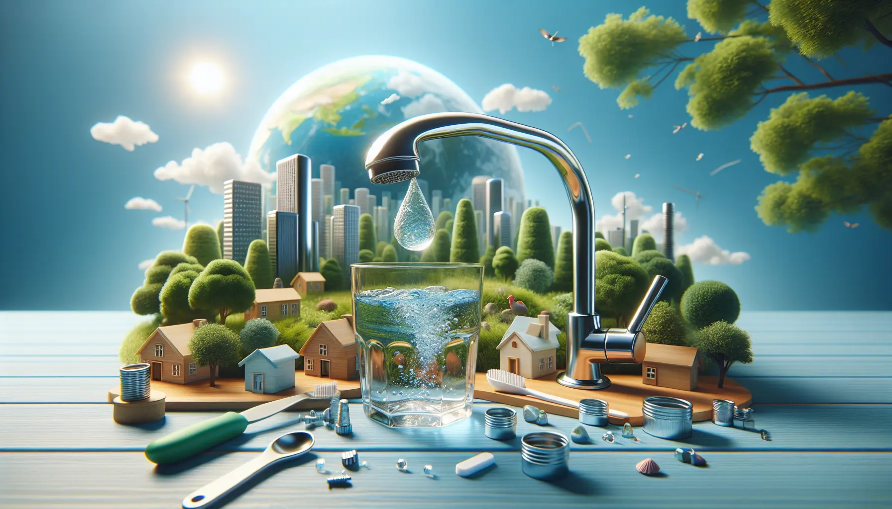 Un rubinetto che perde acqua, simbolo degli sprechi domestici e della necessità di conservare l'acqua potabile.