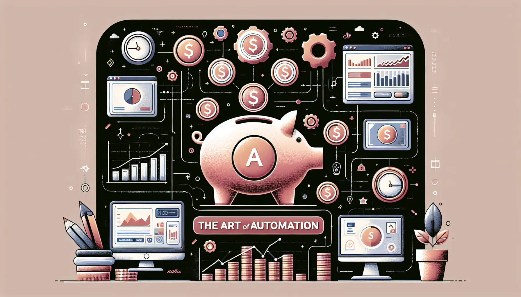 Un'immagine che rappresenta l'automazione nella gestione delle finanze, con grafici e simboli di risparmio.