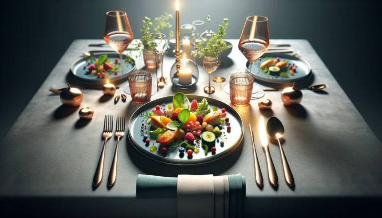 Un piatto elegantemente presentato con ingredienti freschi e colorati, rappresentante l'arte della cucina.