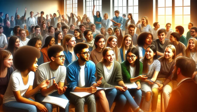 Studenti in un programma di scambio culturale che interagiscono in un contesto internazionale.