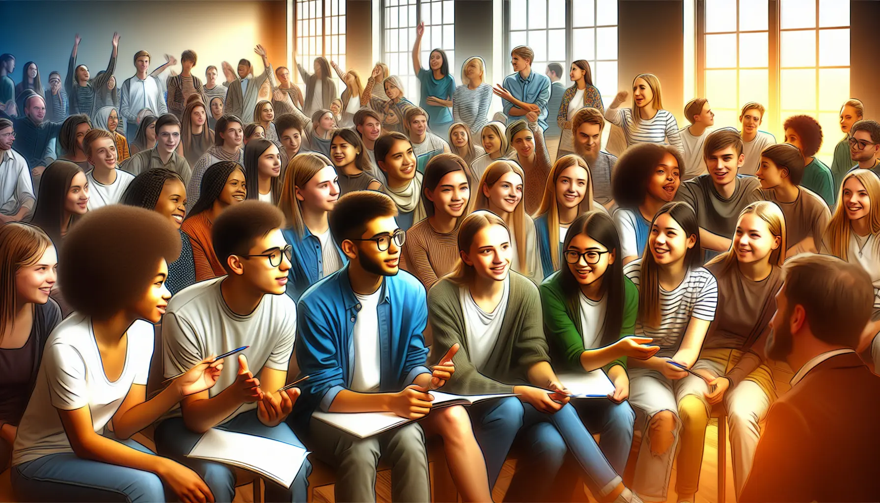 Studenti in un programma di scambio culturale che interagiscono in un contesto internazionale.