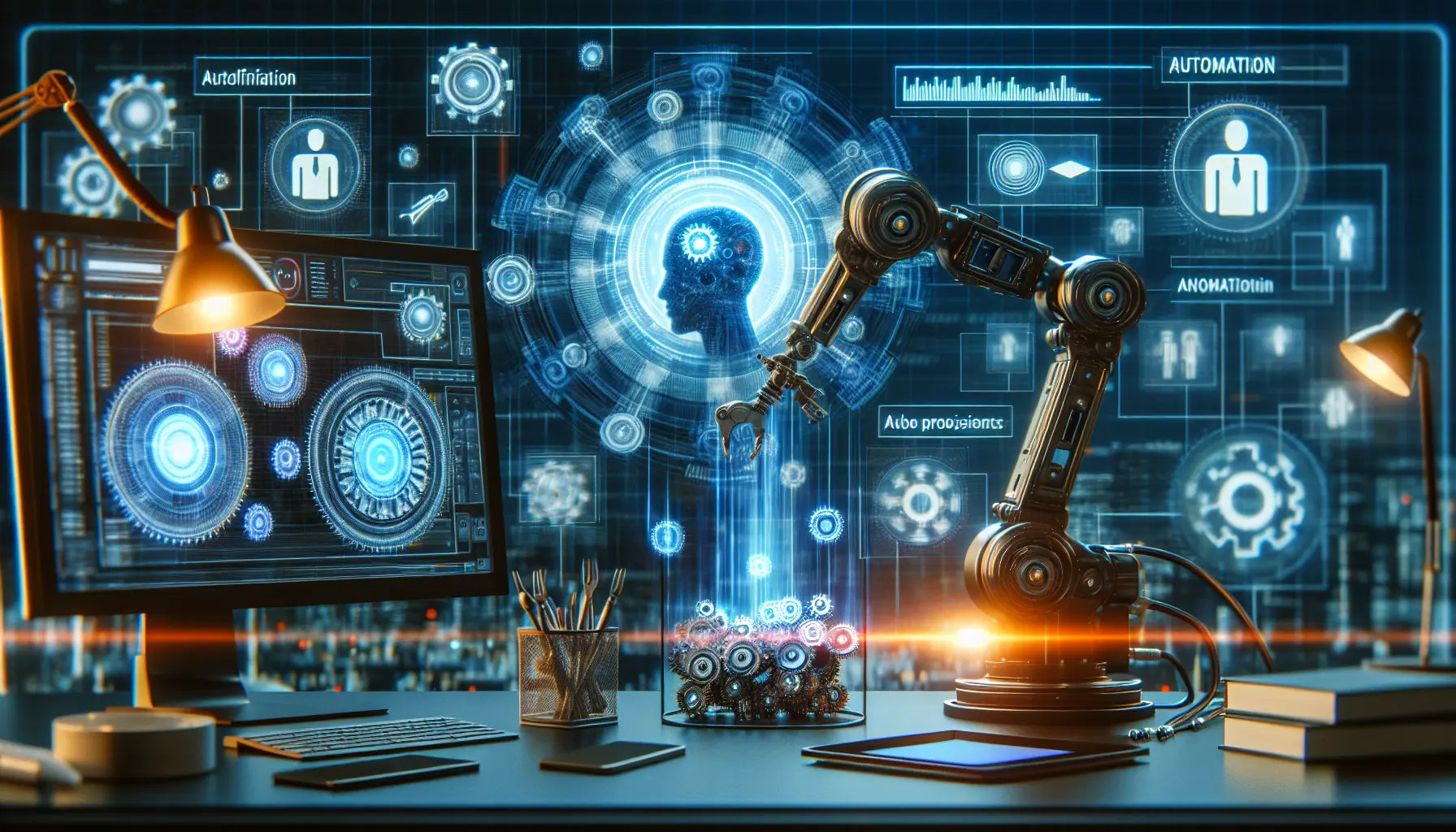 Rappresentazione dell'intelligenza artificiale che interagisce con i lavoratori in un ambiente moderno