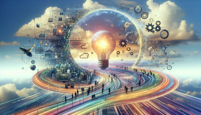 Un gruppo di persone che collaborano su un progetto tecnologico, simboleggiando l'innovazione aperta.