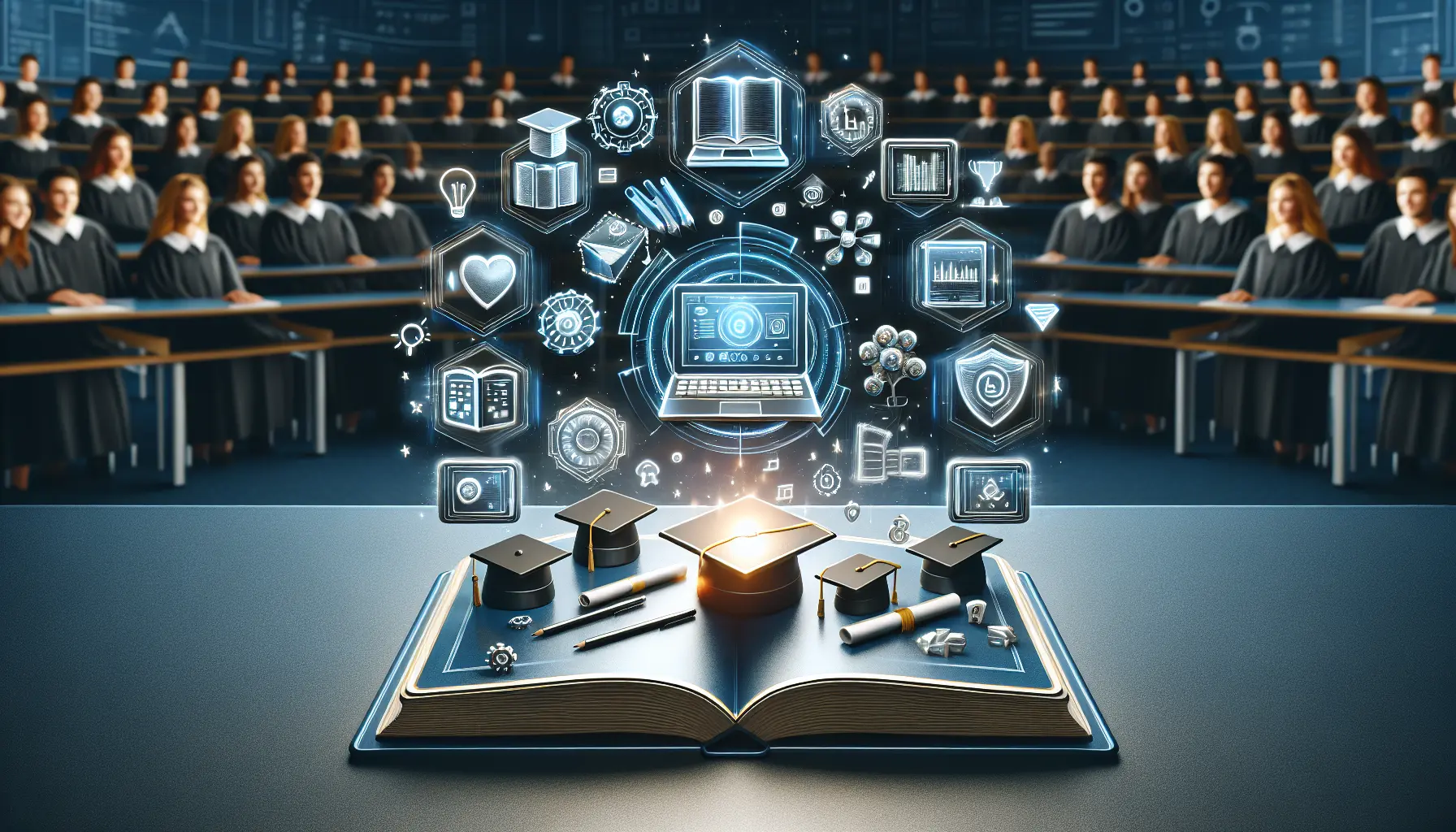 Studente che utilizza un laptop per apprendere online, circondato da libri e app educative.