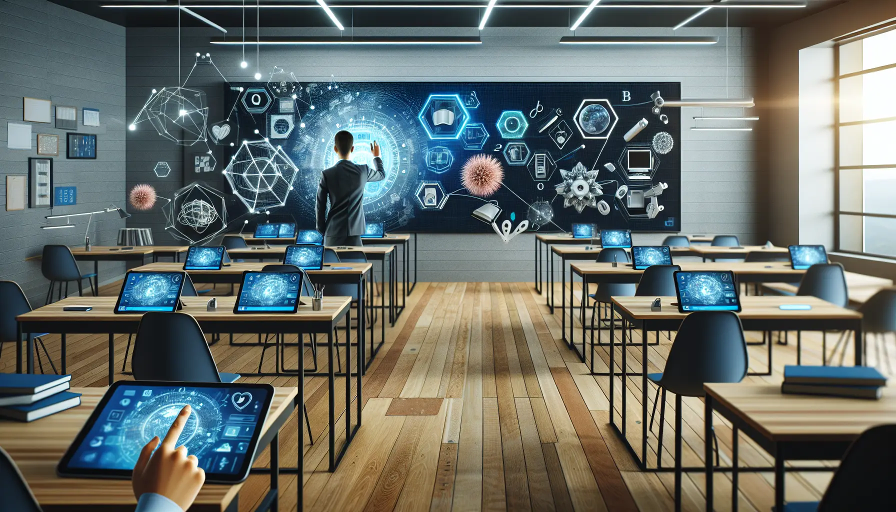 Un insegnante che utilizza strumenti tecnologici per coinvolgere gli studenti in un ambiente di apprendimento innovativo.