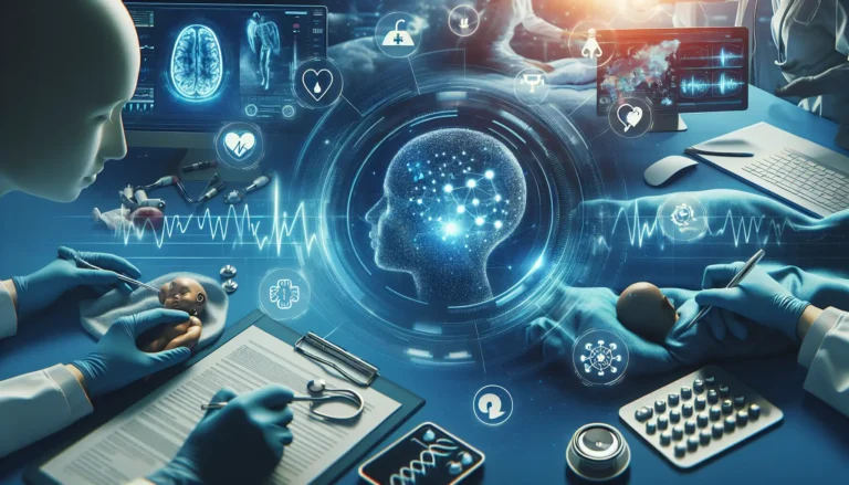 Un medico che utilizza tecnologia avanzata per analizzare dati medici, illustrando l'unione tra intelligenza artificiale e medicina.