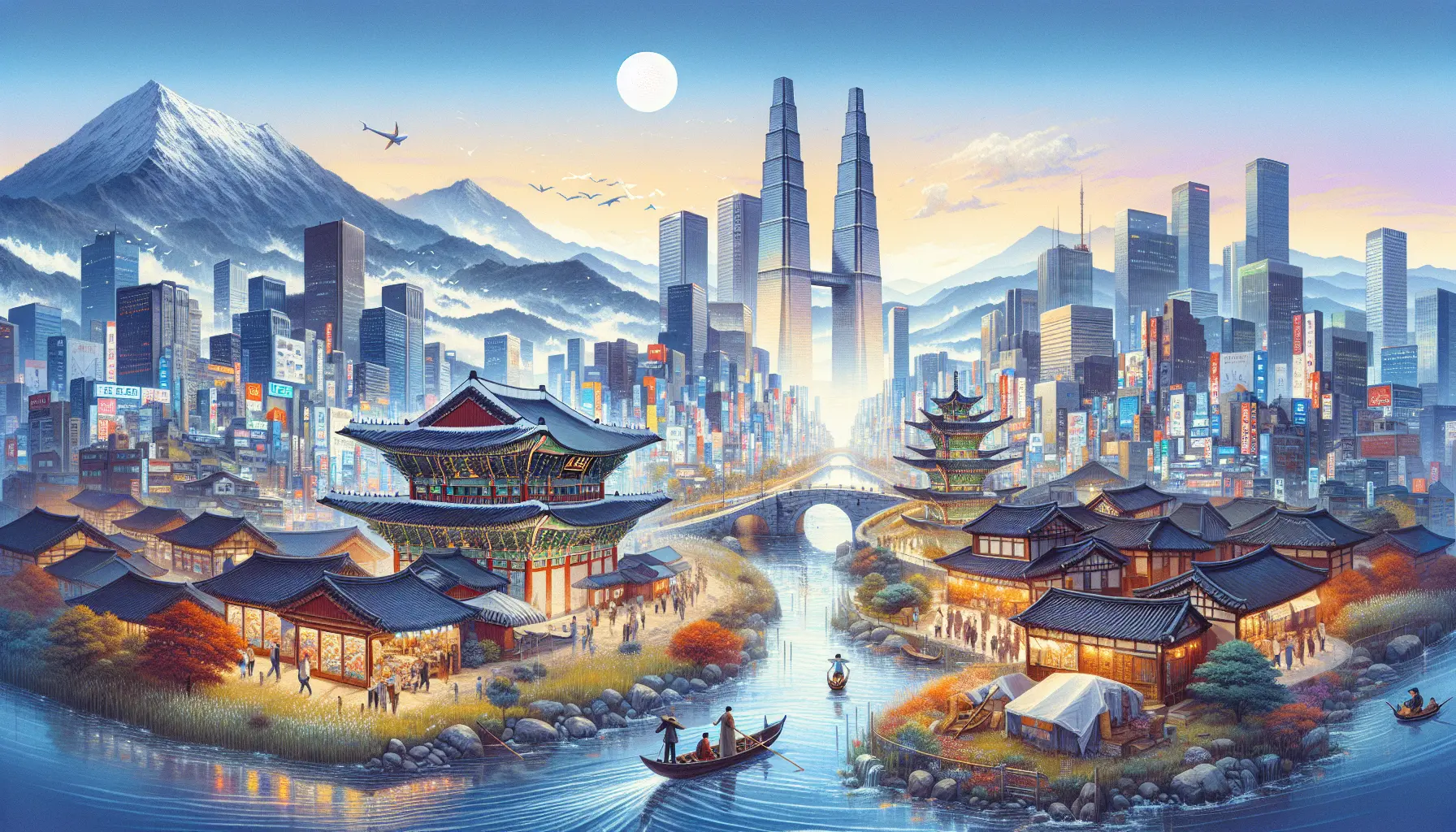 Panorama della città di Seoul con grattacieli moderni e antichi templi buddisti
