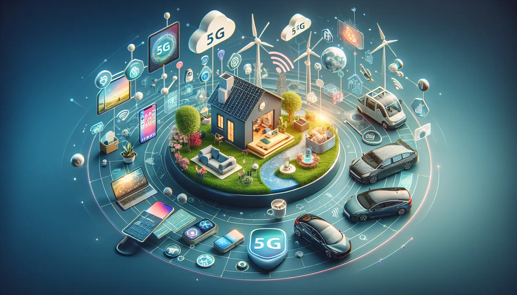 Un'immagine che rappresenta la connessione tra dispositivi tecnologici in un ambiente domestico moderno.