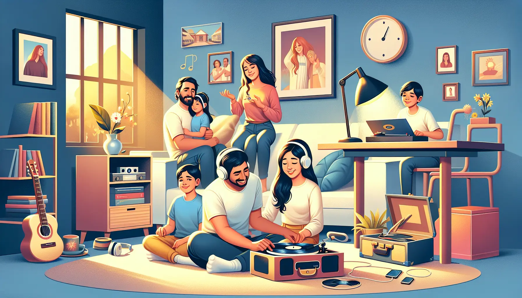 Una famiglia che ascolta musica insieme, creando momenti di gioia e connessione.