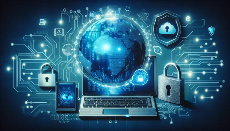 Un genitore che spiega a un bambino come navigare in sicurezza online, mostrando strumenti digitali e impostazioni di privacy.