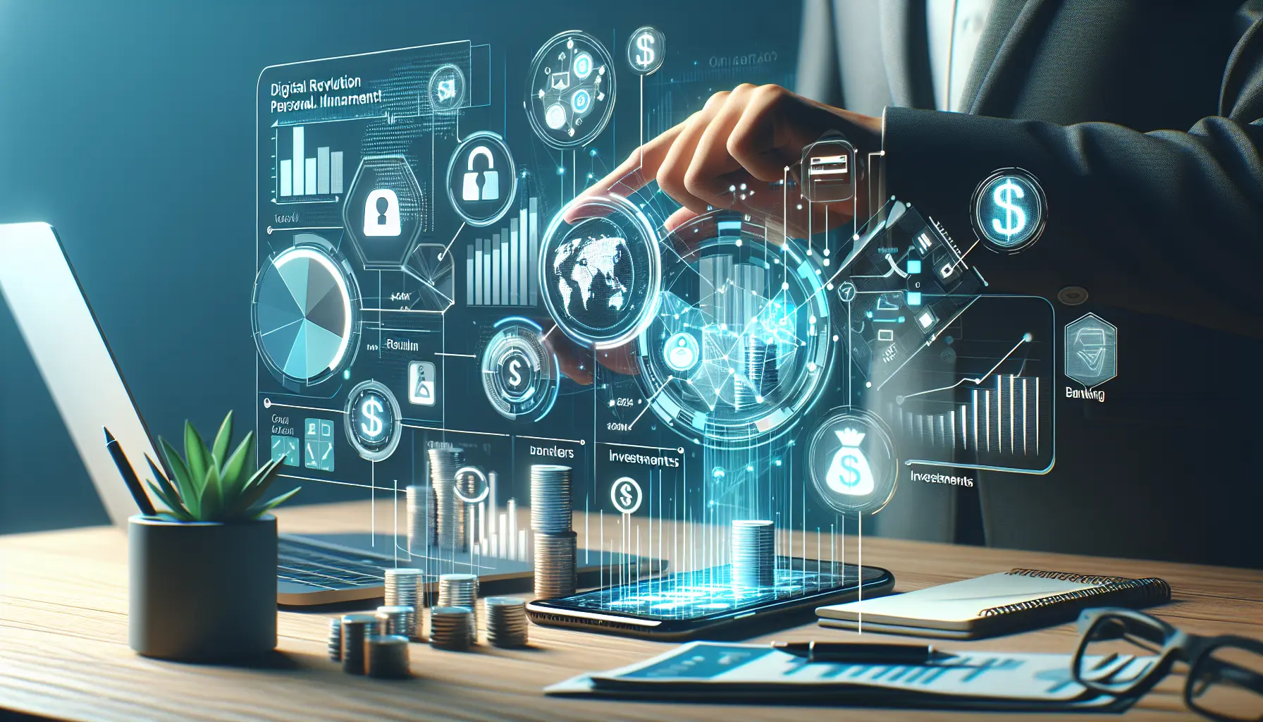 Un professionista che utilizza uno smartphone per gestire le proprie finanze, circondato da grafici e dati finanziari digitali.