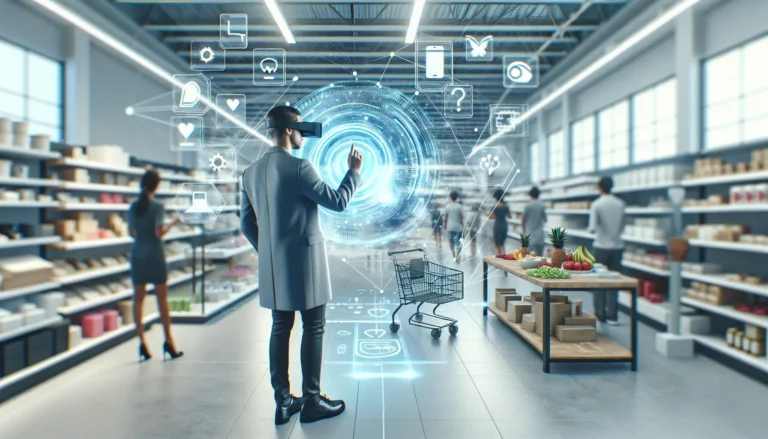 Un cliente che utilizza un'app di realtà aumentata per provare virtualmente un vestito in un negozio.